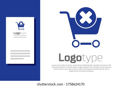 Blue Remove shopping cart icon isolated on white background. Online buying concept. Delivery service. Supermarket basket and X mark. Logo design template element. Vector Illustration
