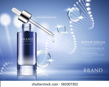 blue repair serum with helical structure and water drops, 3d illustration