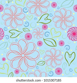 blue repeating background with flowers leaves swirls hearts in bright colors