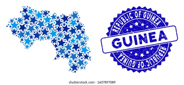 Blue Republic of Guinea map mosaic of stars, and distress round seal. Abstract territorial plan in blue color hues. Vector Republic of Guinea map is shaped of blue stars.