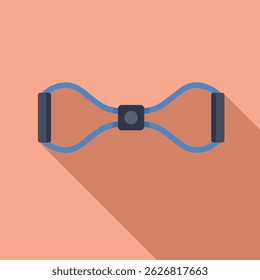 Banda de resistência azul para treinamento de fitness deitado em um fundo de pêssego, ilustração de equipamentos esportivos de jogo plano