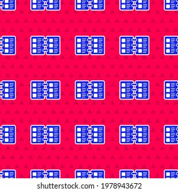 Blue Restaurant cafe menu icon isolated seamless pattern on red background.  Vector