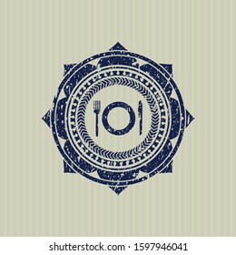 Blue restaurant icon inside distress rubber stamp with grunge texture
