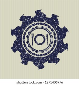 Blue restaurant icon inside distressed rubber grunge texture stamp