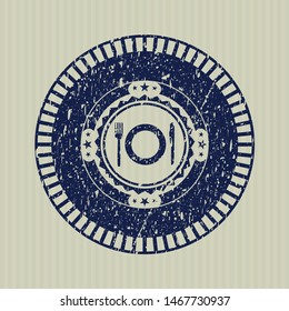 Blue restaurant icon inside distressed grunge style stamp
