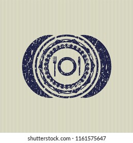 Blue restaurant icon inside rubber grunge texture seal