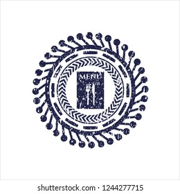 Blue restaurant menu icon inside distress grunge style stamp