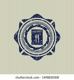 Blue restaurant menu icon inside distress rubber stamp