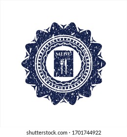 Blue restaurant menu icon inside distress rubber stamp with grunge texture