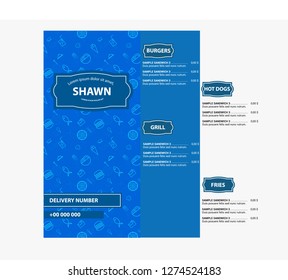  blue Restaurant  menu, template design. Food flyer flat design
