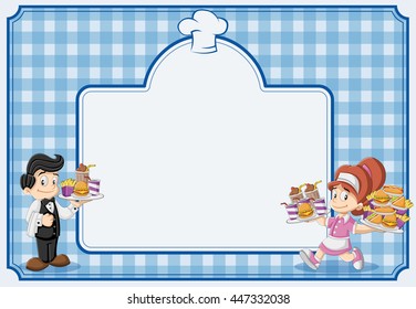 Blue restaurant menu with waitress and waiter holding tray with fast food.
