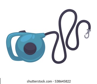 Blue retractable leash for dog. Vector icon of roulette lead for control and safety pets. Animal accessory for outdoors walk. Cartoon illustration isolated on white background.