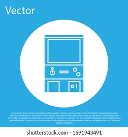 Blue Retro arcade game machine icon isolated on blue background. White circle button. Vector Illustration