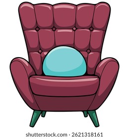 blue retro armchair cozy pillow isolated vector illustration on white background