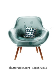 Blue retro armchair watercolor Vector. Design decor vintage furnitures