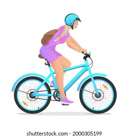 Blue retro bicycle, cycle, bike with woman, girl in purple dress and brown backpack isolated on white background. Vector illustration for design, flyer, poster, banner, web, advertising.