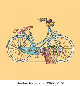 Blue retro bicycle decorated with flowers. Vector illustration.