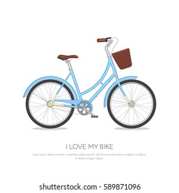 Blue retro bicycle with floral basket isolated on white background. Flat vector illustration of colorful bike.