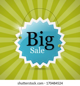 Blue Retro Big Sale Tag - Label on Green Background 