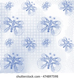 Blue retro butterfly pattern with halftones