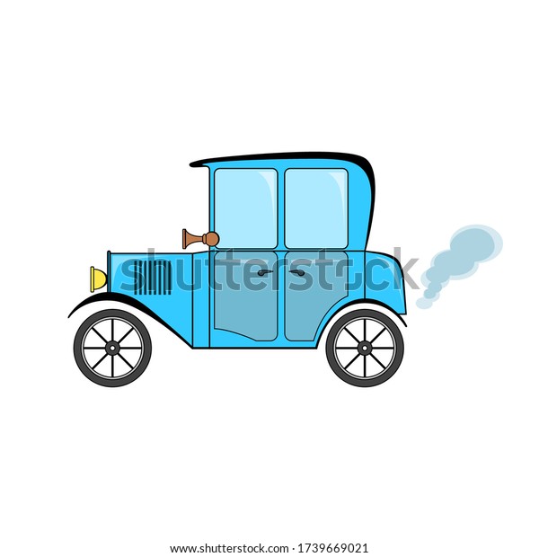 Blue\
retro car in cartoon style on white background.\

