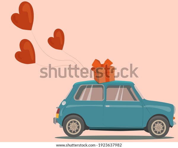 blue retro car.\
Simple vector\
illustration.\
Cute illustration with gift and\
balloons.