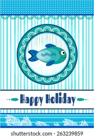 Blue, retro card with small fish on blue background