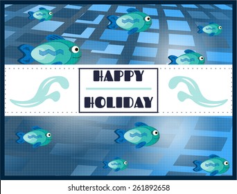 Blue, retro card with small fishes on blue background