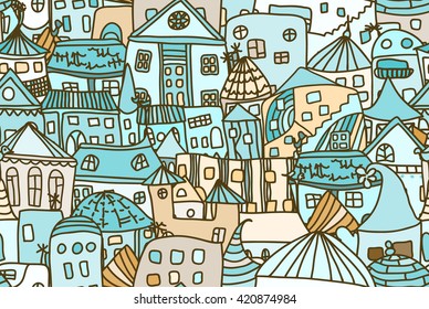 Blue retro cityscape - seamless pattern