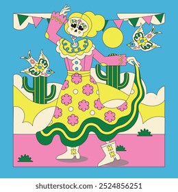 Dia Retro Azul De Los Muertos Ilustração Completa 02