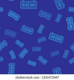 Blue Retro flip clock icon isolated seamless pattern on blue background. Wall flap clock, number counter template, all digits with flips. Vector Illustration