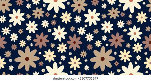 Blue retro floral pattern 60s. Vintage blue ans beige flowers background 