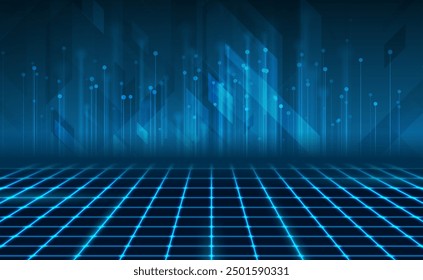 Blue retro futuristic neon cyber grid with abstract geometric tech background. Blurred circuit board lines. Perspective technology vector design
