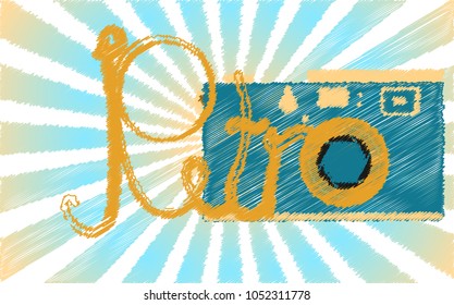 A blue retro, hipster, antique, old, antique camera painted in a stroked style and a retro word against the blue rays. Vector illustration.