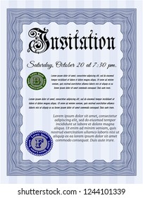 Blue Retro invitation. With complex background. Money design. Detailed. 