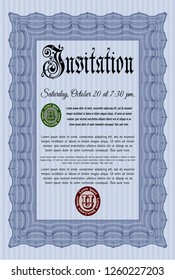 Blue Retro invitation. With complex background. Detailed. Artistry design. 