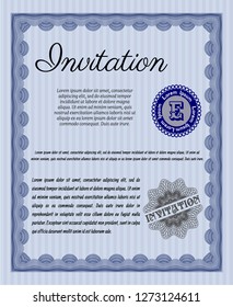 Blue Retro invitation. With complex linear background. Vector illustration. Good design. 