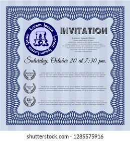 Blue Retro invitation. Customizable, Easy to edit and change colors. With guilloche pattern and background. Good design. 
