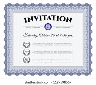 Blue Retro invitation. Detailed. With complex linear background. Sophisticated design. 