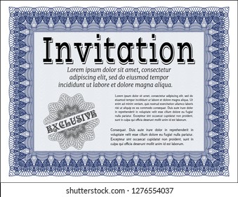 Blue Retro invitation. Elegant design. Detailed. With guilloche pattern. 
