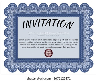 Blue Retro invitation. Good design. With guilloche pattern and background. Detailed. 