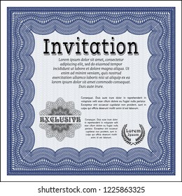 Blue Retro invitation. With great quality guilloche pattern. Detailed. Artistry design. 