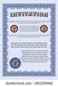 Blue Retro invitation. With great quality guilloche pattern. Cordial design. Vector illustration. 