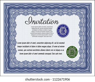 Blue Retro invitation. With guilloche pattern and background. Vector illustration. Retro design. 