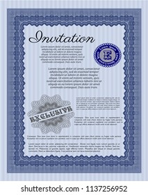 Blue Retro invitation. With guilloche pattern and background. Vector illustration. Sophisticated design. 