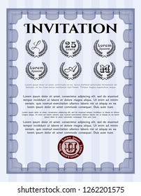 Blue Retro invitation. With guilloche pattern and background. Detailed. Sophisticated design. 