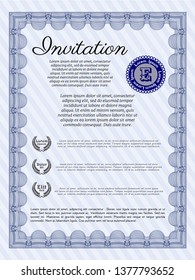 Blue Retro invitation. With guilloche pattern. Perfect design. Vector illustration. 