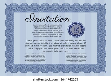 Blue Retro invitation. With guilloche pattern and background. Money design. Vector illustration. 
