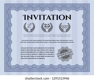 Blue Retro invitation. Nice design. Detailed. With guilloche pattern. 