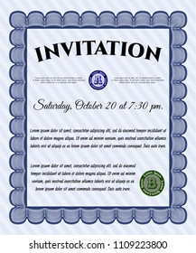  Blue Retro invitation template. Artistry design. Customizable, Easy to edit and change colors. With guilloche pattern. 